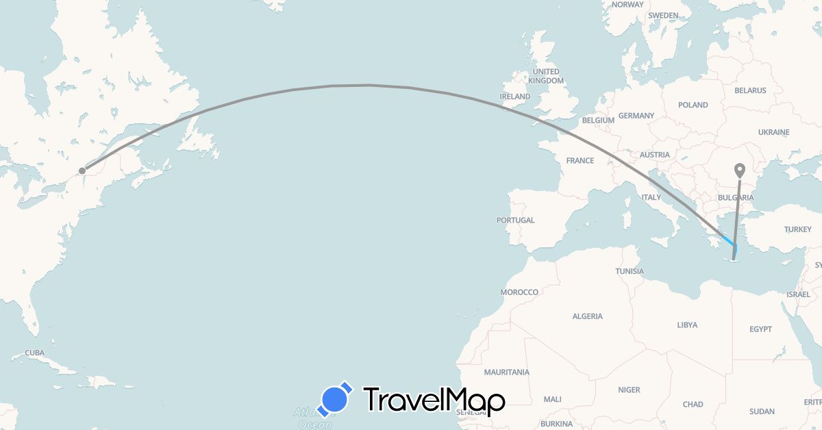 TravelMap itinerary: driving, plane, boat in Canada, Greece, Romania (Europe, North America)